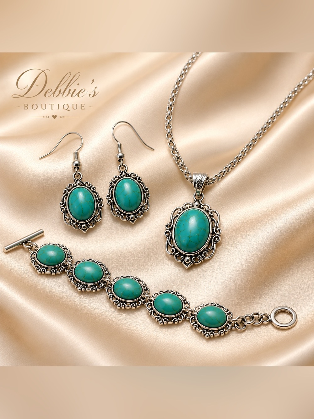 NWT Turquoise Green 3-Piece Jewelry Set Necklace Earrings Bracelet